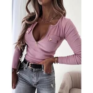 OUFEIYA Womens Mauve Pink Purple Henley Ribbed Quarter Zip Fitted Shirt Medium 6